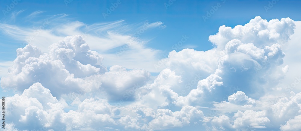 Poster Expansive blue sky filled with white fluffy clouds on the left with copy space on the right for text or design overlay
