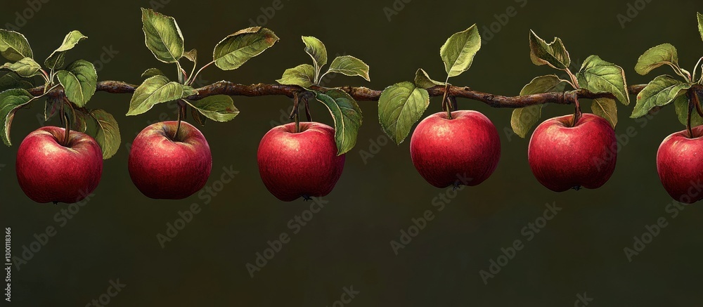 Poster fresh red apples hanging on a branch with green leaves; vibrant colors against a dark background; re