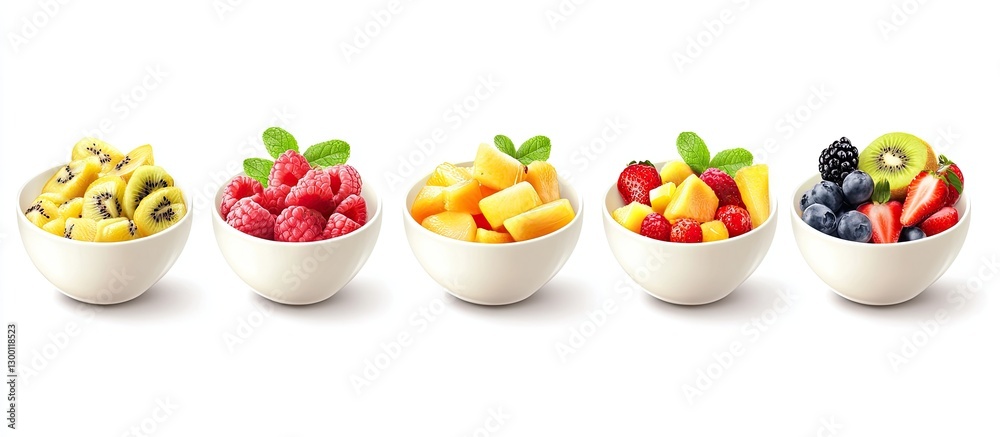 Poster colorful assortment of fruit salads in five white bowls arranged in a row on a clean white backgroun