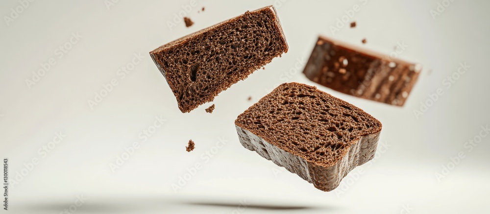 Aufkleber Airborne slices of rich brown rye bread float against a clean white background showcasing texture and color in an appetizing visual display