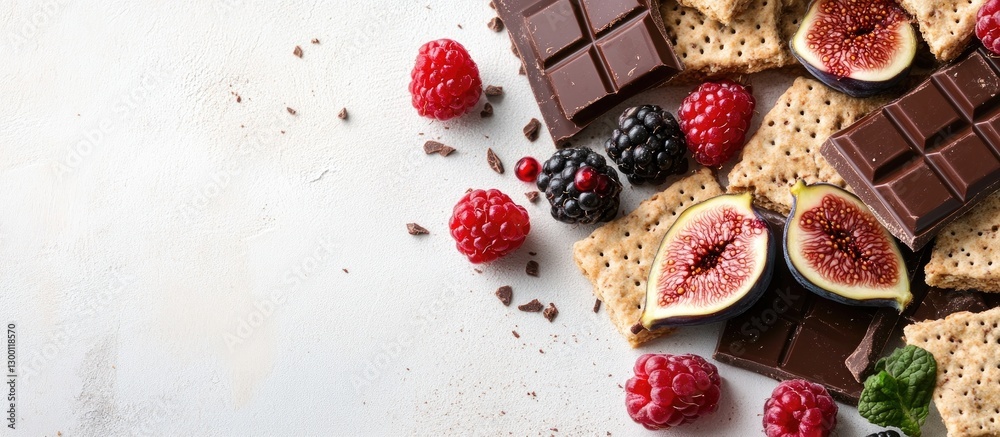 Poster crispbreads topped with chocolate, figs, and vibrant berries arranged on a light surface with a clos