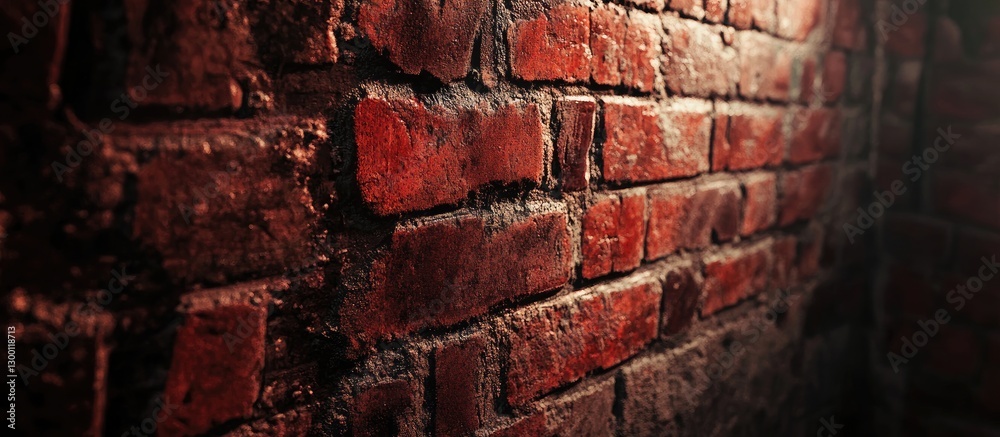 Aufkleber Aged red brick wall texture displaying deep hues of red and brown with intricate patterns and shadows enhancing its rustic charm and historical character