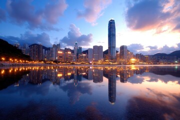 Fototapeta premium A serene view of Hong Kong's harbor at twilight, featuring the spectacular cityscape mirrored in the calm water, evoking tranquility amid urban vibrancy.