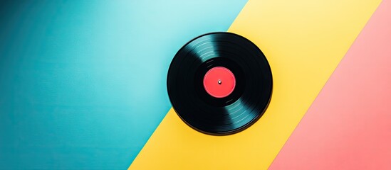 Vinyl record mockup centered on a vibrant split color surface featuring teal and yellow background with a red label on the disc