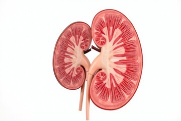 Anatomical kidney model, cross-section, isolated on white background.