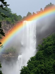  Vibrant Rainbow Arching Over a Majestic Waterfall in a Lush Forest
