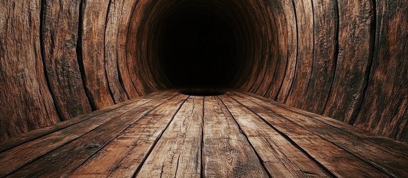 Rustic wooden tunnel with aged planks leading to a dark wormhole at the center, showcasing rich brown hues and textured surfaces.
