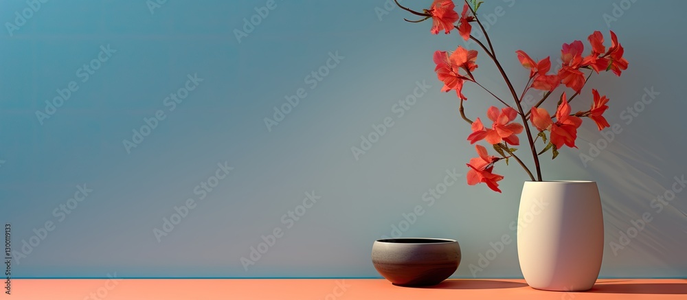 Poster elegant arrangement of white vase with pink flowers on a soft blue background and coral surface crea