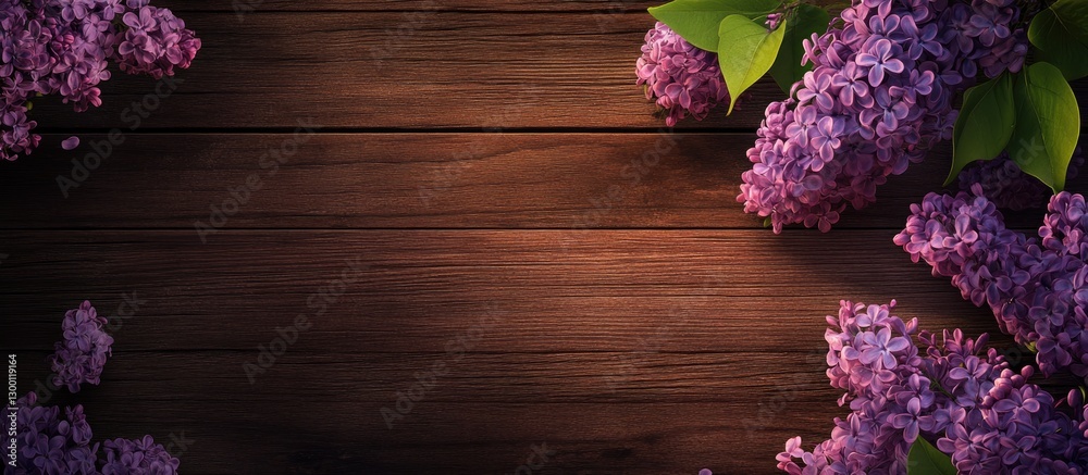 Poster lilac flowers in vibrant purple hues arranged along the top and bottom edges with a rich wooden back