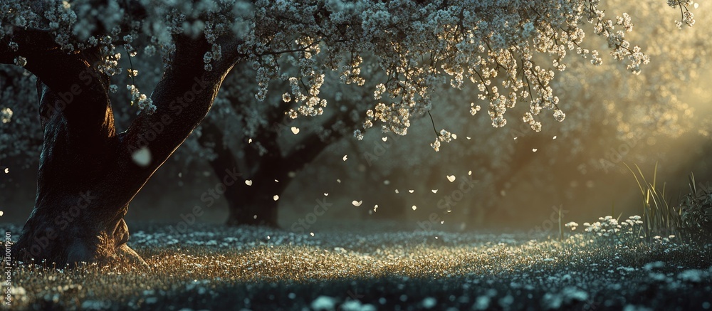 Aufkleber Serene orchard scene with blooming trees in soft focus golden light, delicate petals floating in the air, creating a tranquil spring atmosphere.
