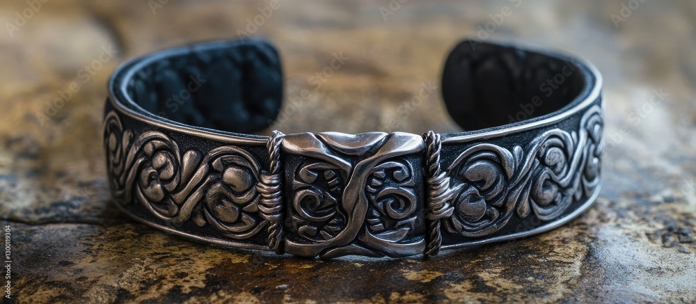 Poster handcrafted silver bohemian leather cuff bracelet with intricate engraved patterns showcased on a ru