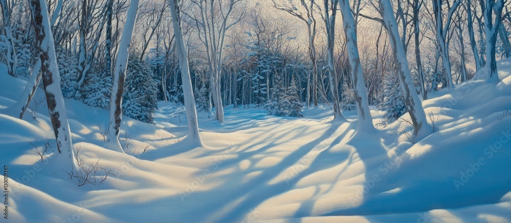 Poster tranquil winter scene with untouched snow under a pale blue sky, soft shadows from bare trees creati