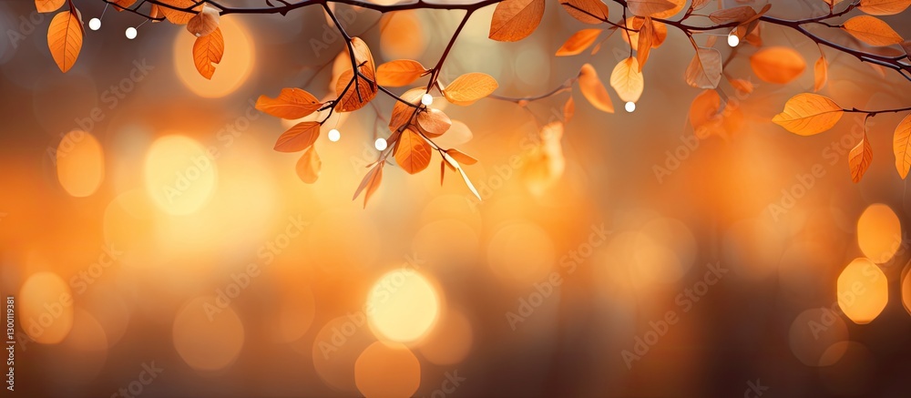 Aufkleber Wooden surface with knife and fork on the left side surrounded by autumn leaves and soft orange bokeh background creating a warm dining atmosphere