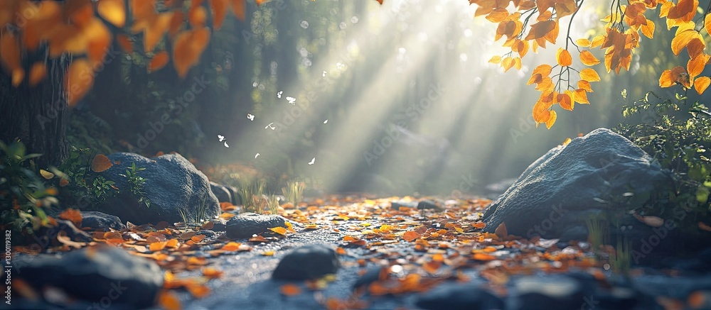 Poster Sunlight streams through lush green leaves in a serene forest setting, casting soft glows on autumn-colored foliage and tranquil water rocks.