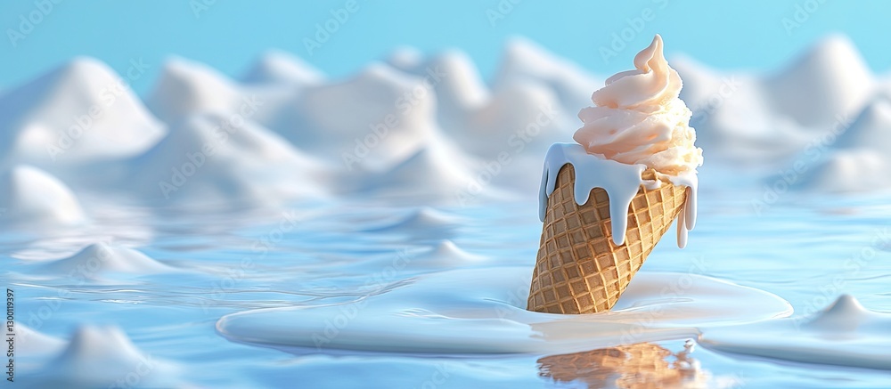 Poster melting ice cream cone with pink swirl atop resting in creamy blue pool against a soft blue backgrou