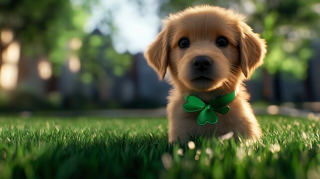 A charming close-up of a small, brown puppy sitting amidst lush green clover, wearing a tiny shamrock collar, against a softly blurred, sunny outdoor background.