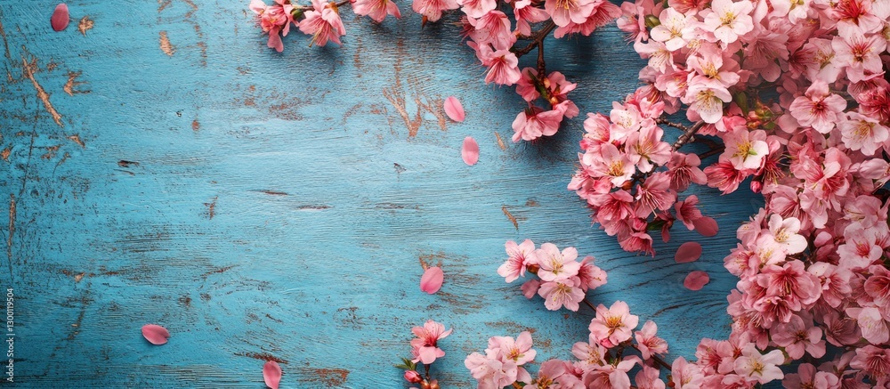 Poster spring cherry blossom flowers in pink on a blue wooden background with ample copy space, creating a 