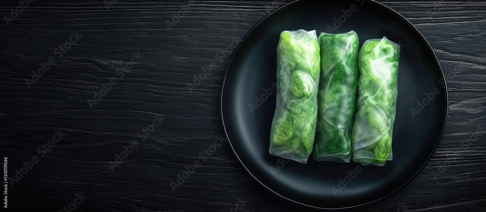 Poster fresh spring rolls on a black plate arranged on a dark textured wooden surface with a minimalist sty