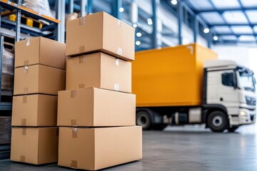 Stacked Cardboard Boxes in a Modern Warehouse with a Delivery Truck