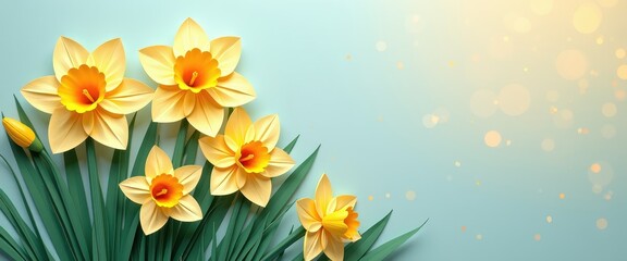 Yellow Daffodil Paper Flowers with Green Leaves on Light Blue Background