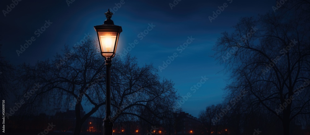 Aufkleber glowing street lamp illuminating a dark park scene with silhouettes of bare trees against a deep blu