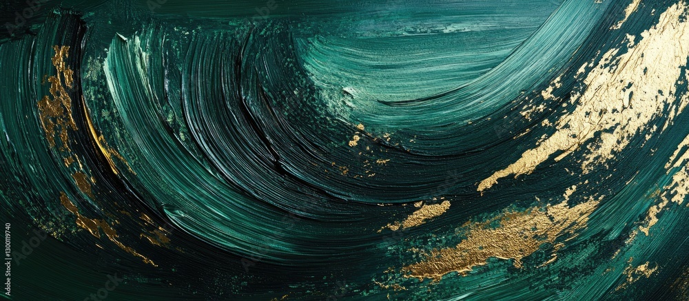 Aufkleber abstract oil painting with flowing green and gold brush strokes creating a textured wave effect high