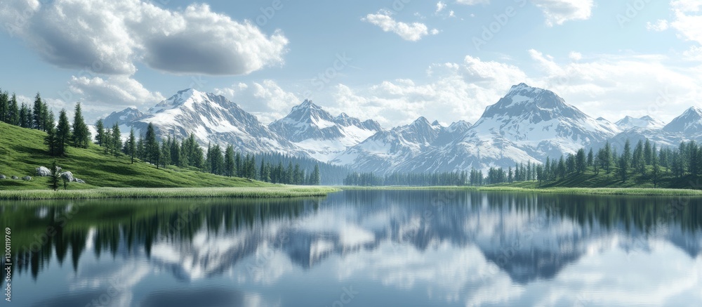 Poster serene lake reflecting snow-capped mountains and lush green forest under a clear sky with scattered 