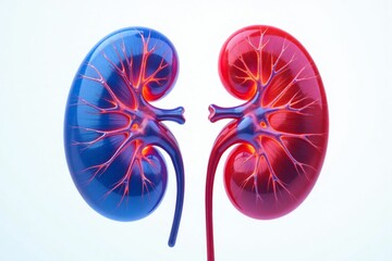 Red and blue anatomical kidney models, top view, isolated on white background.