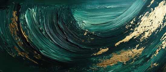 Abstract oil painting with flowing green and gold brush strokes creating a textured wave effect highlighted against a dark background.