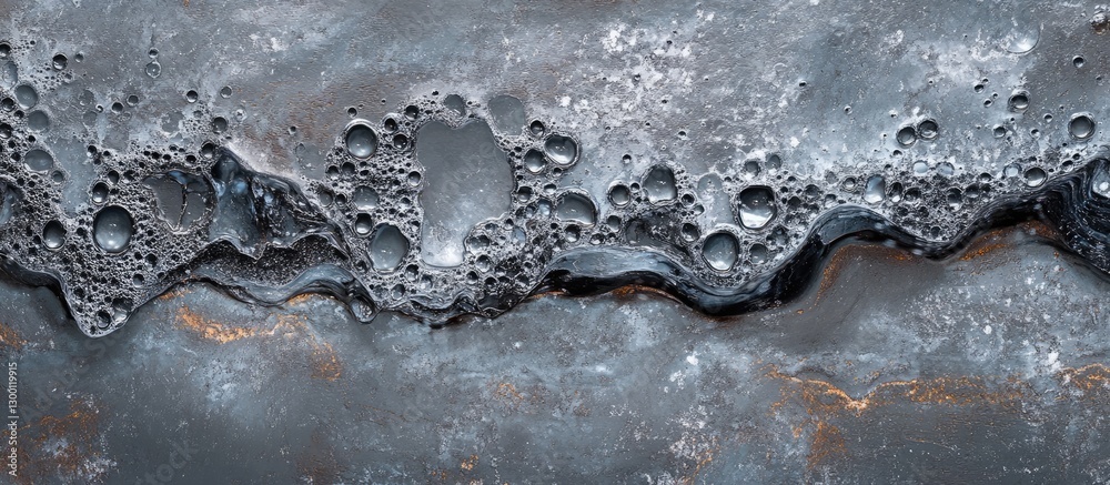 Poster Textured abstract surface with water droplets on a dark gray background showcasing a dynamic interplay of light and shadow in a visually striking design