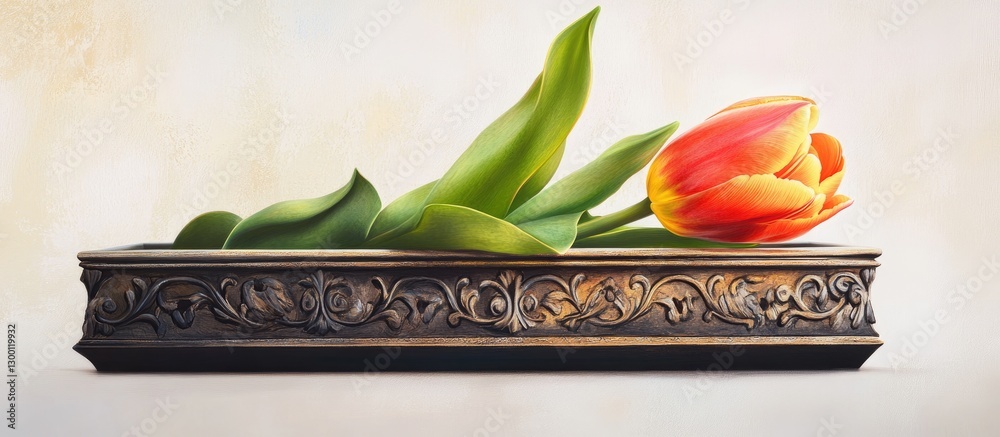 Poster vibrant red and yellow tulip partially emerging from an ornate metallic box on a soft white backgrou