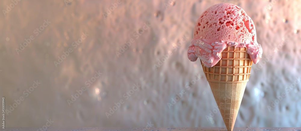 Aufkleber Delicious pink ice cream scoop in a waffle cone positioned on the right against a soft textured background with ample copy space on the left