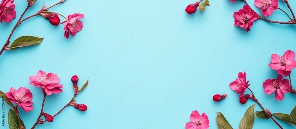 Poster magenta cherry blossom branches frame a vibrant blue background with pink flowers creating an elegan