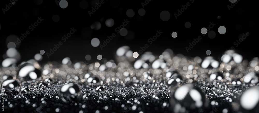 Poster Glistening silver beads reflect light against a deep black background with varying sizes creating a shimmering contrast and a sense of depth