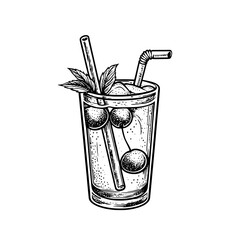 Refreshing drink with mint leaves and ice served in a tall glass with straws