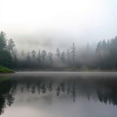  Morning Mist Over a Calm Forest Lake, Trees Reflecting on Still Water