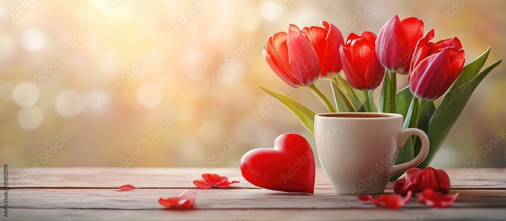 Poster red and pink tulips in a white cup with a red heart on a wooden table against a soft blurred backgro