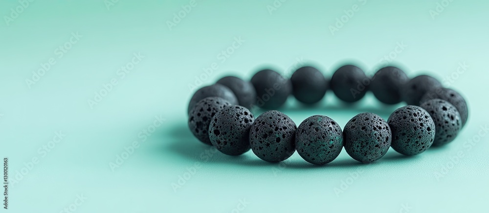 Poster black lava stone bracelet on a soft mint green background, featuring textured beads arranged in a ci