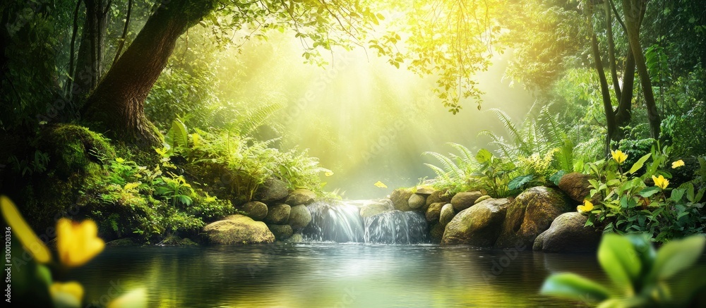 Poster serene spring forest scene featuring a gentle stream flowing over rocks with lush greenery and soft 