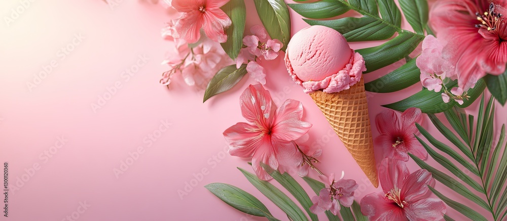 Aufkleber ice cream cone with pink scoop surrounded by pink flowers and green leaves on a soft pastel pink bac