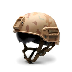 Naklejka premium Modern camouflage tactical military helmet with visor resting on white background