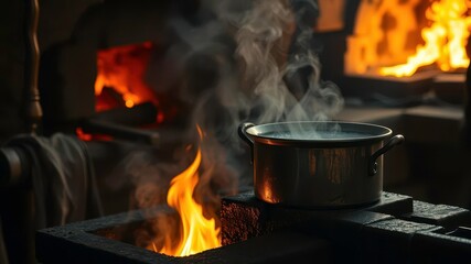  Medieval Blacksmith Forge with Boiling Water Over Fire, Molten Steel Glowing in the Background