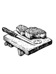 Freshly prepared steak on a wooden cutting board with knife and garnish laid out ready for serving