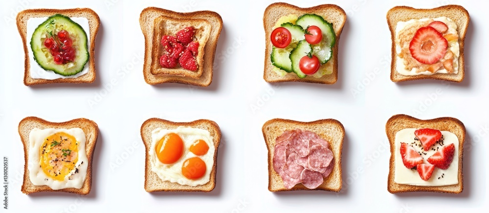Poster Assorted toast bread slices topped with fresh vegetables and eggs on a clean white background arranged in an 8-grid layout from above.