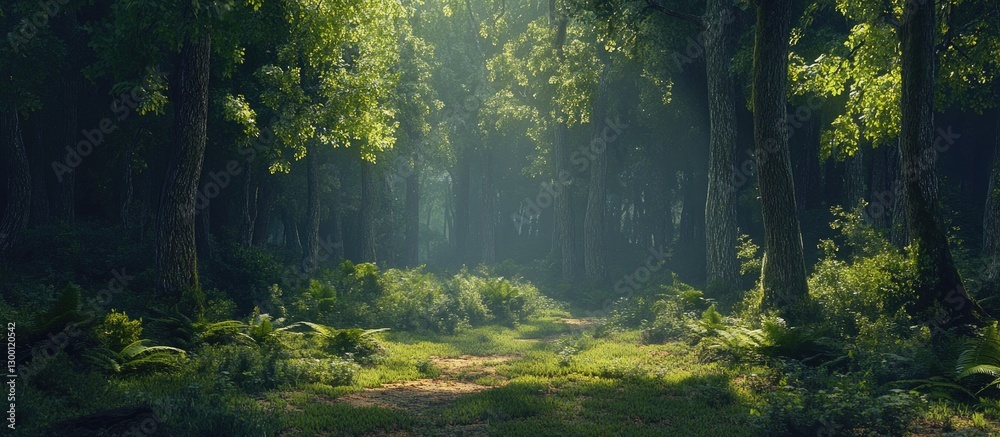 Fototapete lush green forest scene with sun-dappled trees and vibrant foliage illuminating a serene path throug