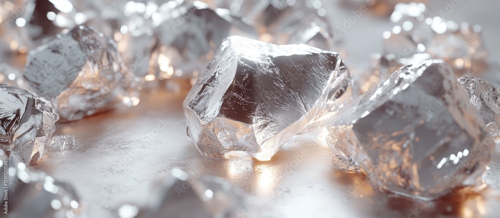 Aufkleber Crystal clear quartz stones scattered on a reflective surface with soft natural lighting highlighting their unique shapes and facets.