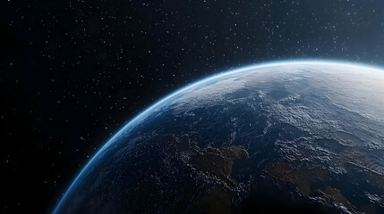 Fototapeta premium Blue Earth Globe in Space with City Lights Showing Earth's Atmosphere and Countless Stars