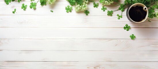 Top view of a dark beer with a clover leaf on a white wooden table surrounded by green clovers offering ample copy space for St Patrick's Day.