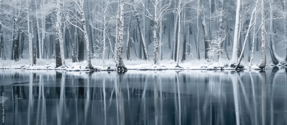 Poster Serene winter landscape with snow-covered tree trunks reflected in a calm lake creating a tranquil mood with ample copy space for text