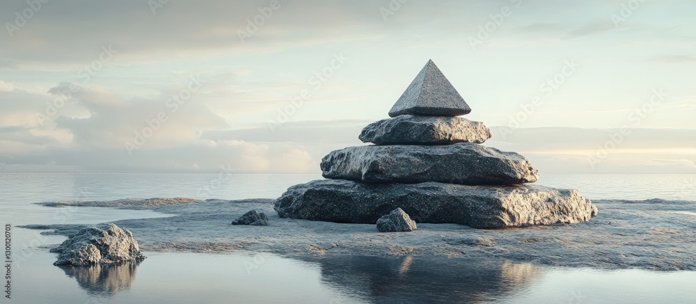 Poster Pyramid shaped stone structure atop smaller stones on a calm reflective water surface with hazy sky and soft colors in the background.